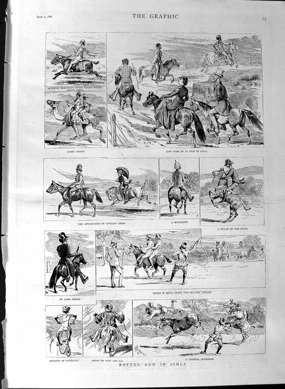 Original Old Antique Print 1887 Rotten Row Simla Hooroosh Horses Madrassee 19th