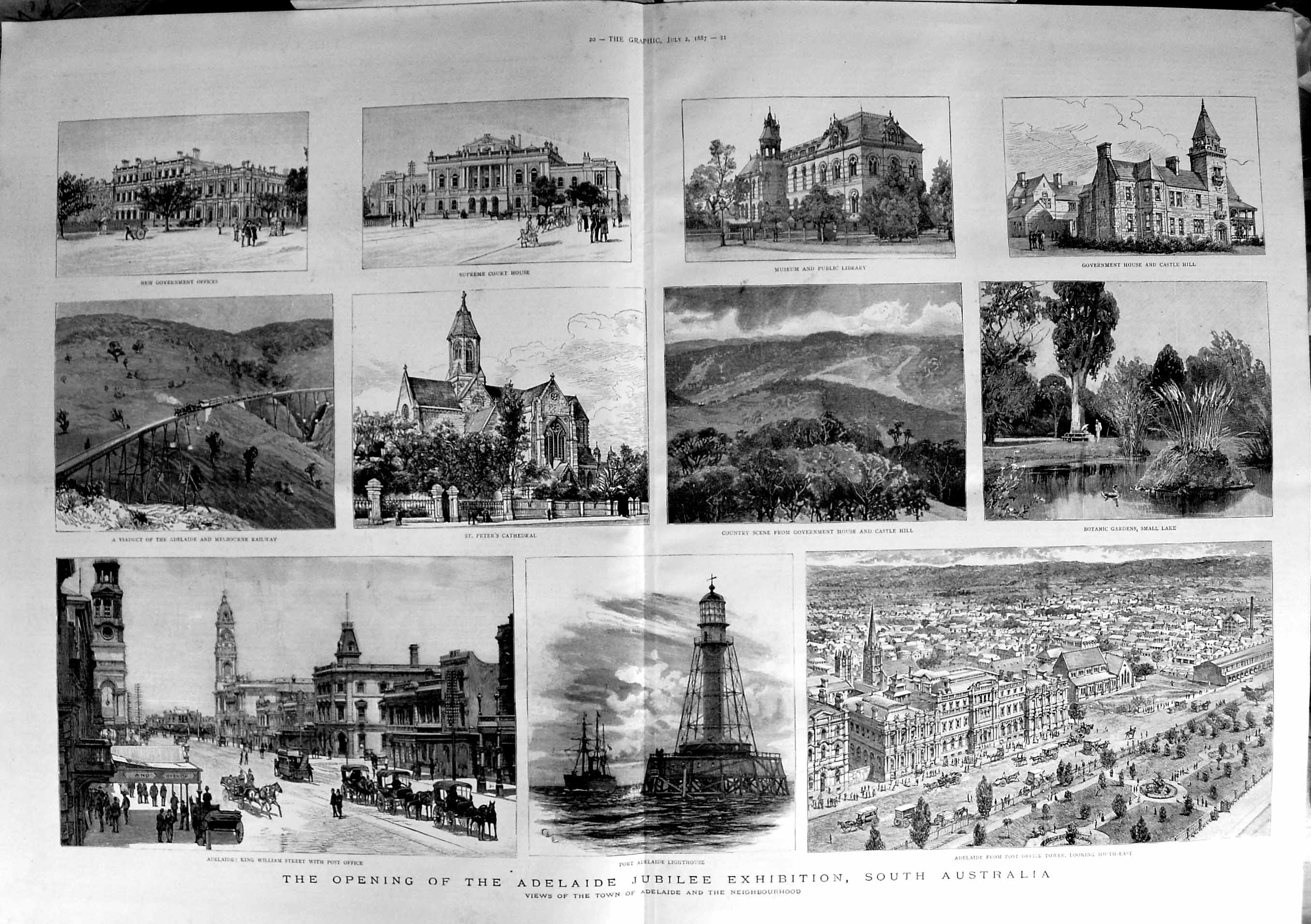 Old Antique Print 1887 Adelaide Australia Cathedral Railway Lighthouse 0 19th