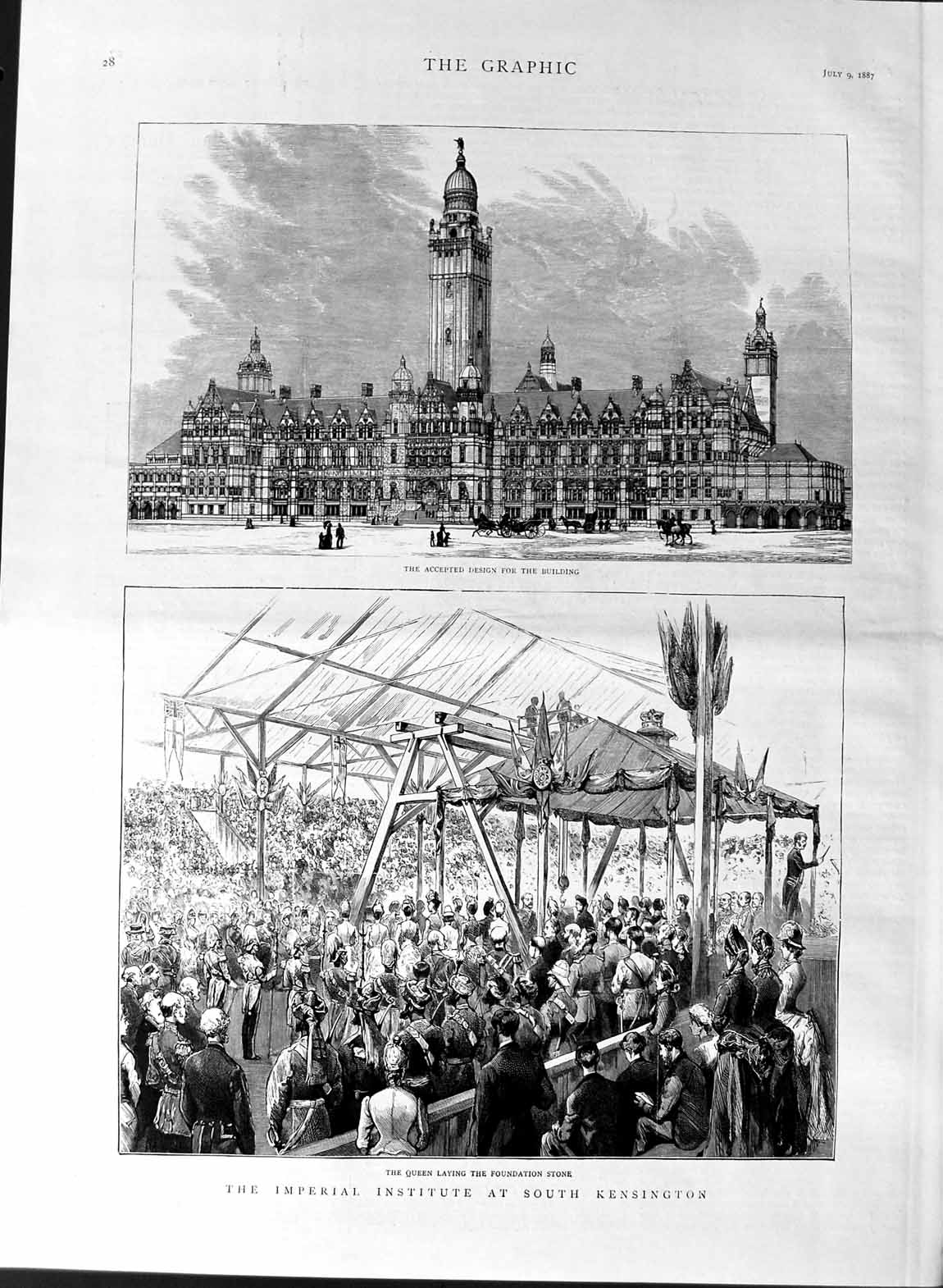 Old Antique Print 1887 Queen Imperial Institute South Kensington London 19th