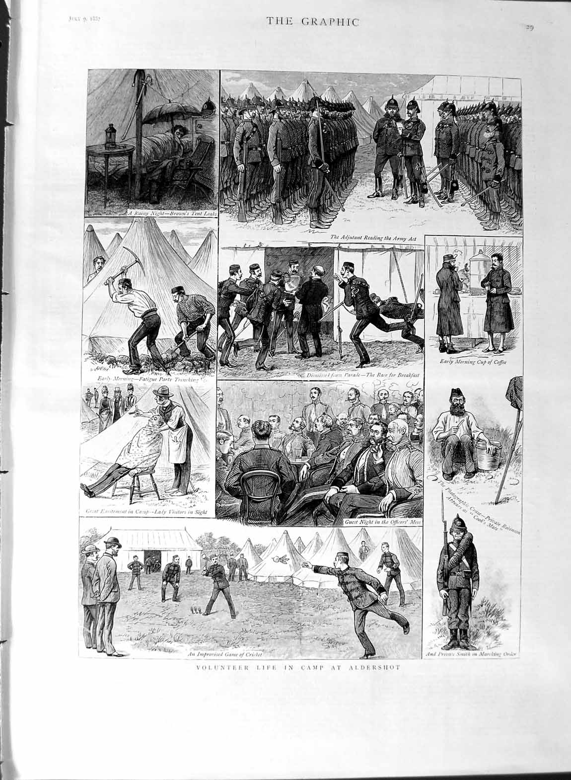 Original Old Antique Print 1887 Volunteer Siers Camp Aldershot War Cricket 19th