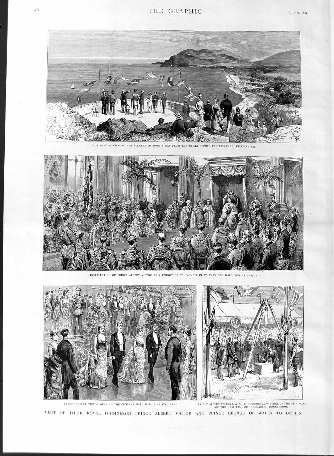 Original Old Antique Print 1887 Prince Victor Prince George Dublin Cochrance