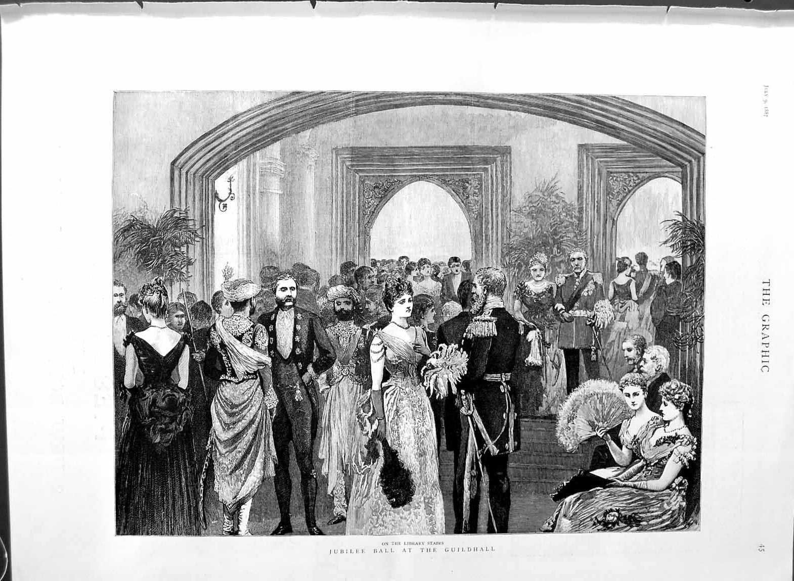 Original Old Antique Print 1887 Jubilee Ball Guildhall Library Stairs Fine Art