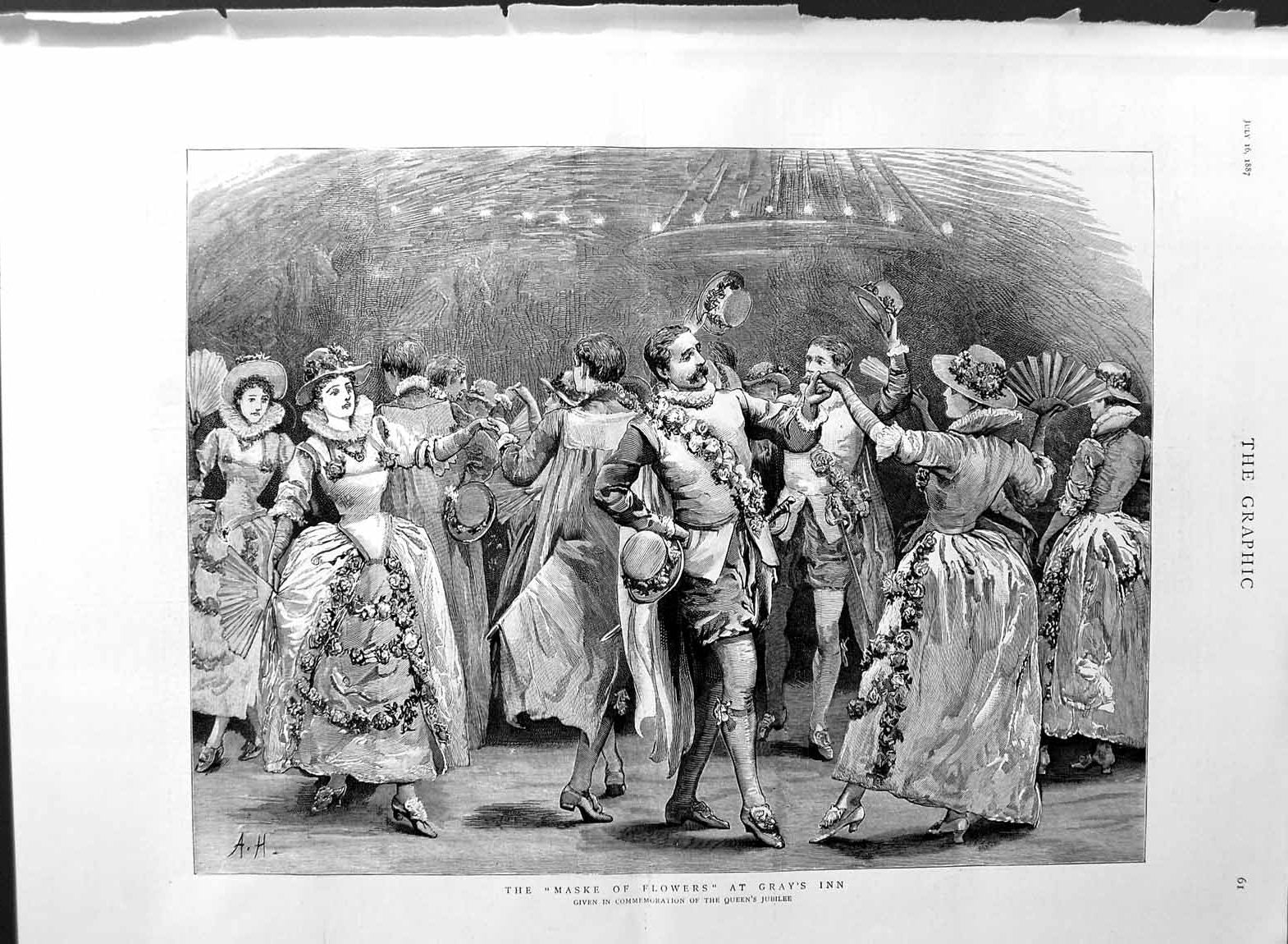 Old Antique Print 1887 Maske Flowers Gray'S Inn Queen'S Jubilee Dancing 19th
