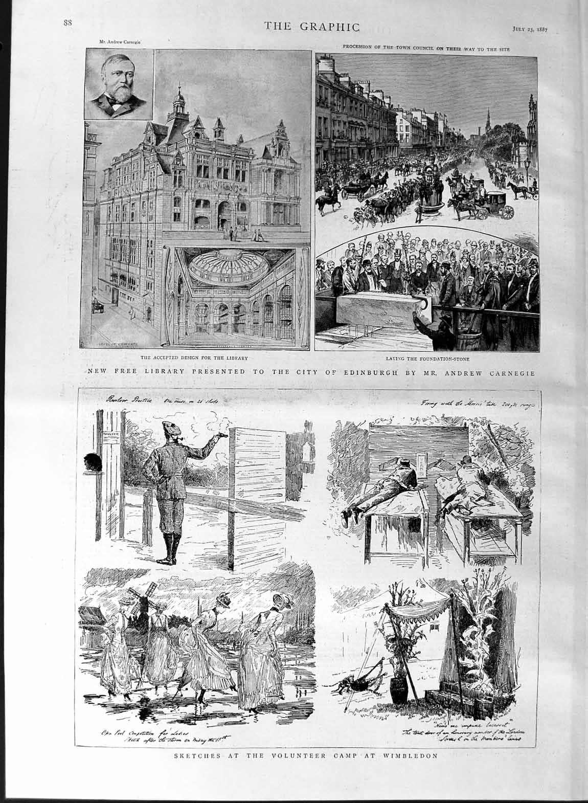 Original Old Antique Print 1887 Volunteers Wimbledon Library Edinburgh Carnegie
