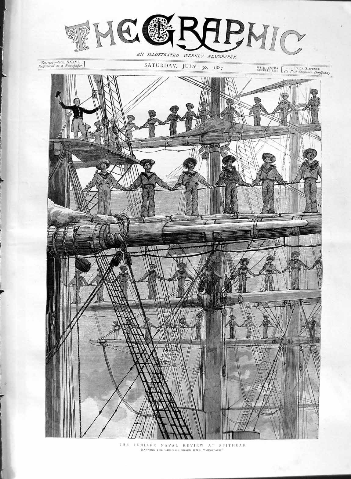 Original Old Antique Print 1887 Jubilee Naval Review Spithead Yards Minota 19th