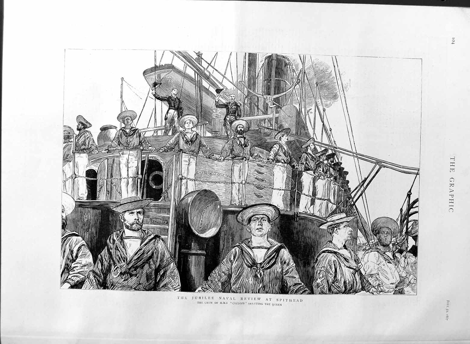 Original Old Antique Print 1887 Jubilee Naval Review Spithead Crew Cyclops Ship