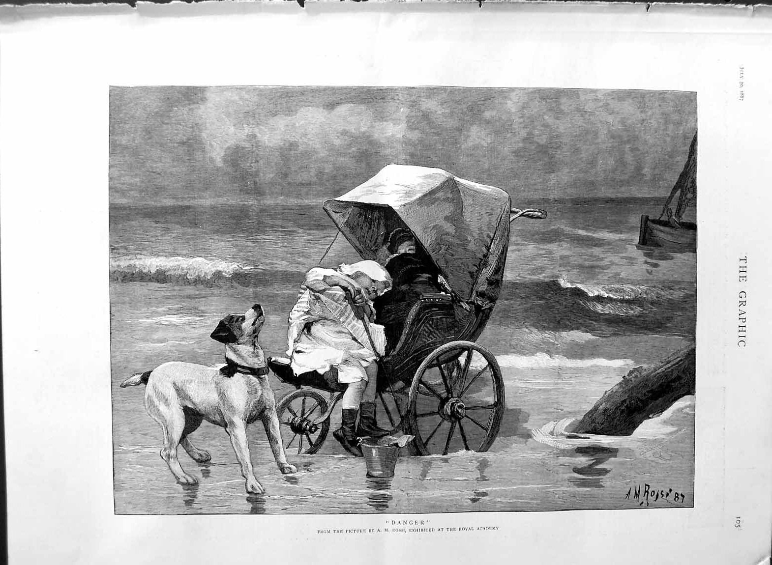 Original Old Antique Print 1887 Rossi Fine Art Baby Sleeping Pram Sea Dog 19th