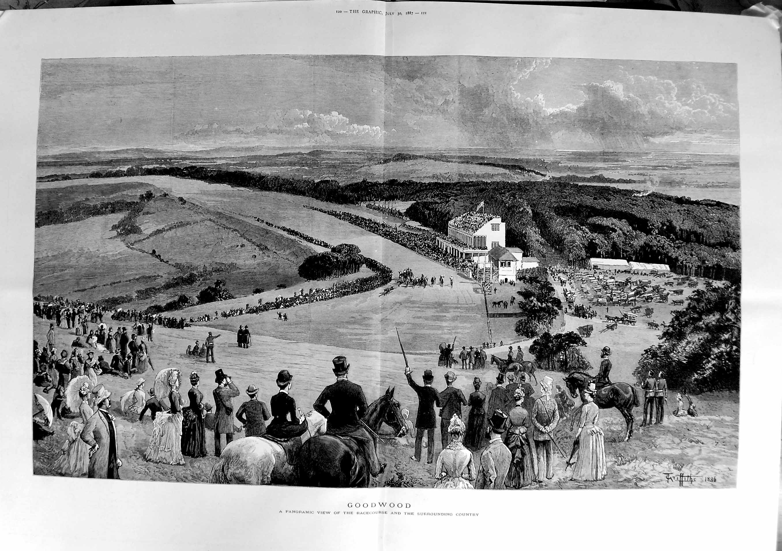 Original Old Antique Print 1887 Panoramic View Goodwood Racecourse Horses Art