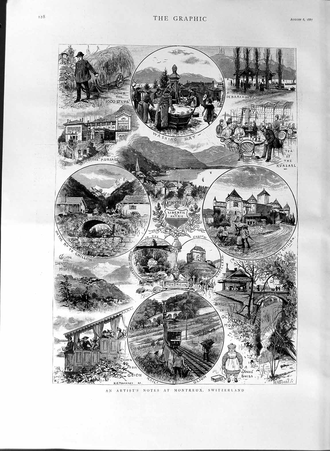 Old Antique Print 1887 Montreux Switzerland Train Kursaal Chillon Glion 19th