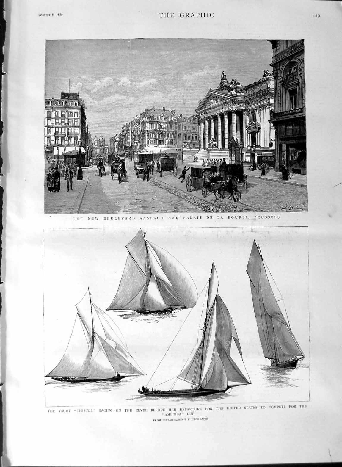 Original Old Antique Print 1887 Boulevard Anspach Brussels Yacht Thistle Clyde