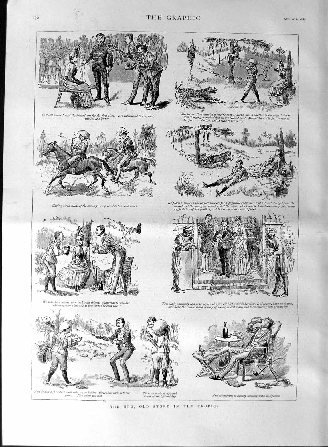 Original Old Antique Print 1887 Story Sketches People Tropics Tiger Horses 19th