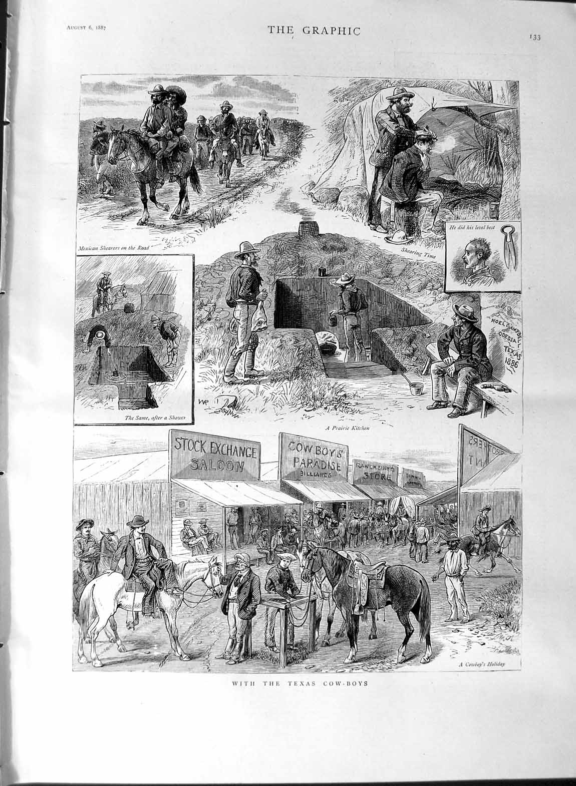 Original Old Antique Print 1887 Texas Cow Boys Horses Prairie Kitchen Mexicans