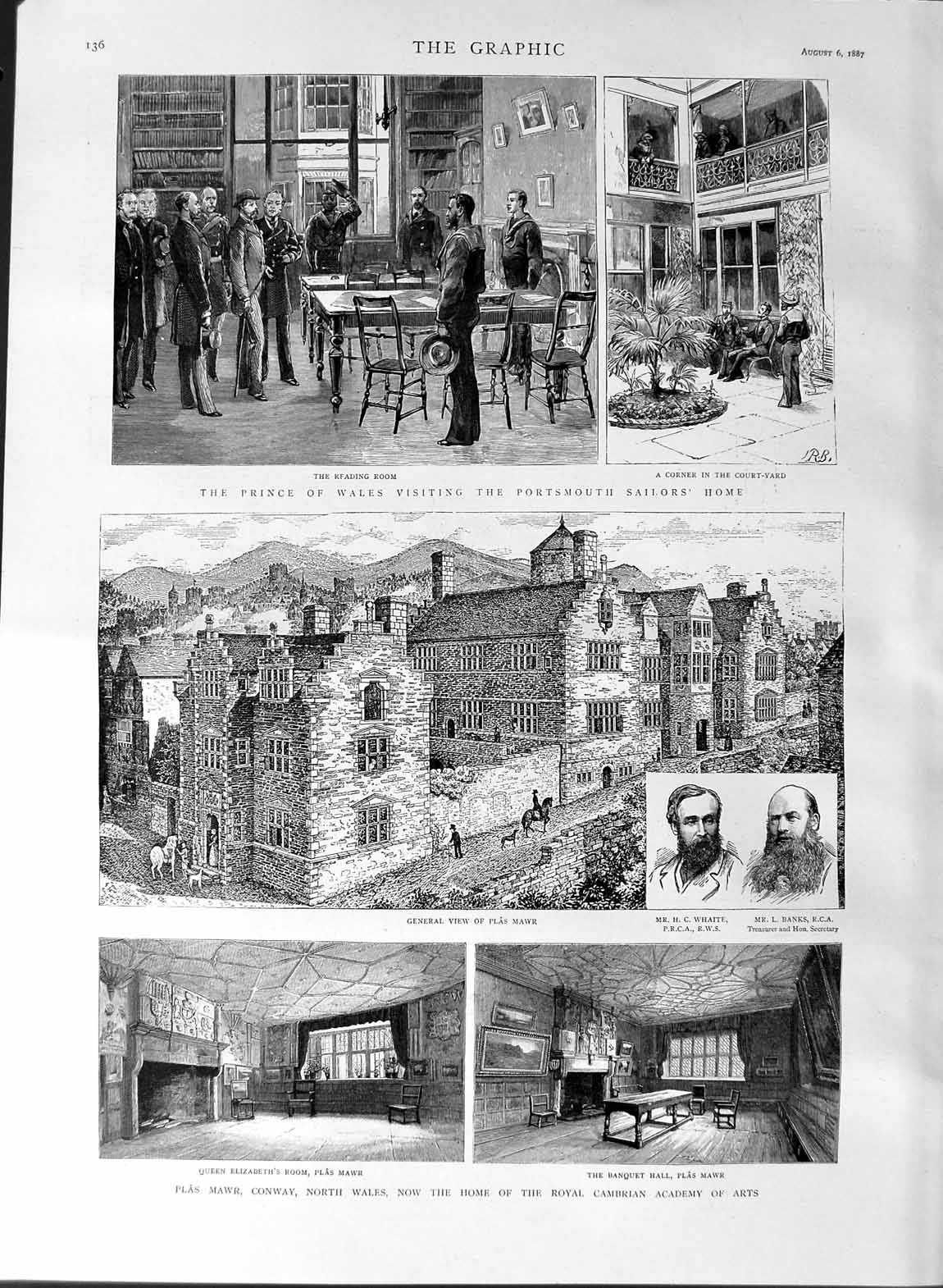 Original Old Antique Print 1887 Prince Wales Portsmouth Plas Mawr Conway Wales