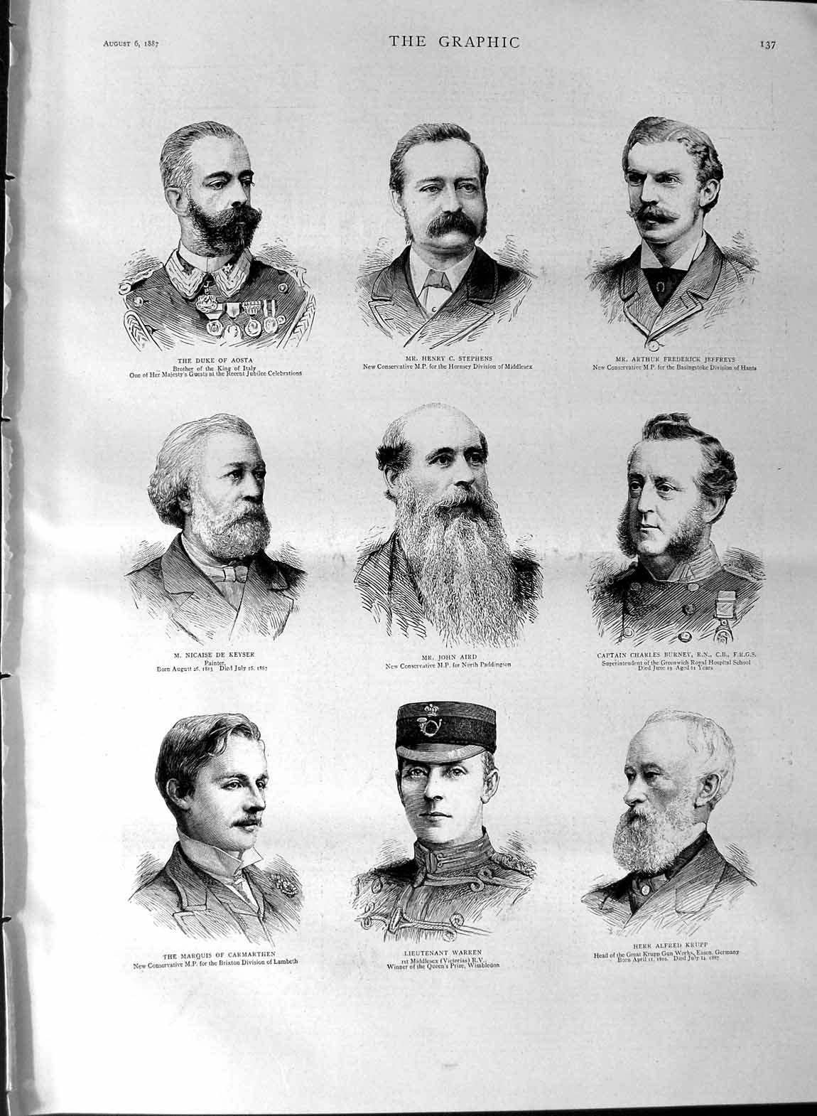 Original Old Antique Print 1887 Duke Aosta Stephens Jeffreys Keyser Aird Burney