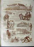 Original Old Antique Print 1887 Cowes Race Week Yacht Sailors Sport Town Cup