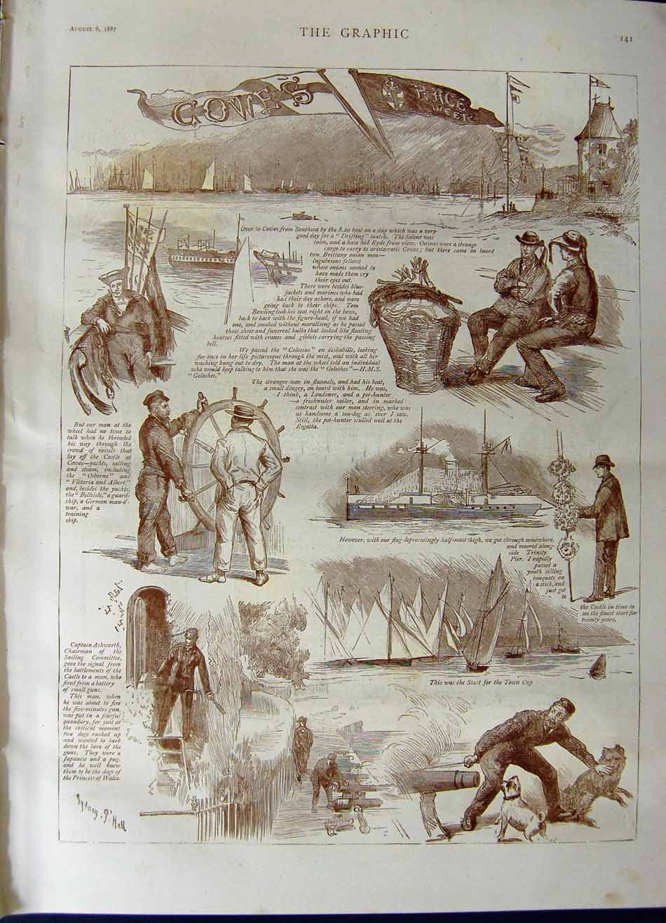 Original Old Antique Print 1887 Cowes Race Week Yacht Sailors Sport Town Cup