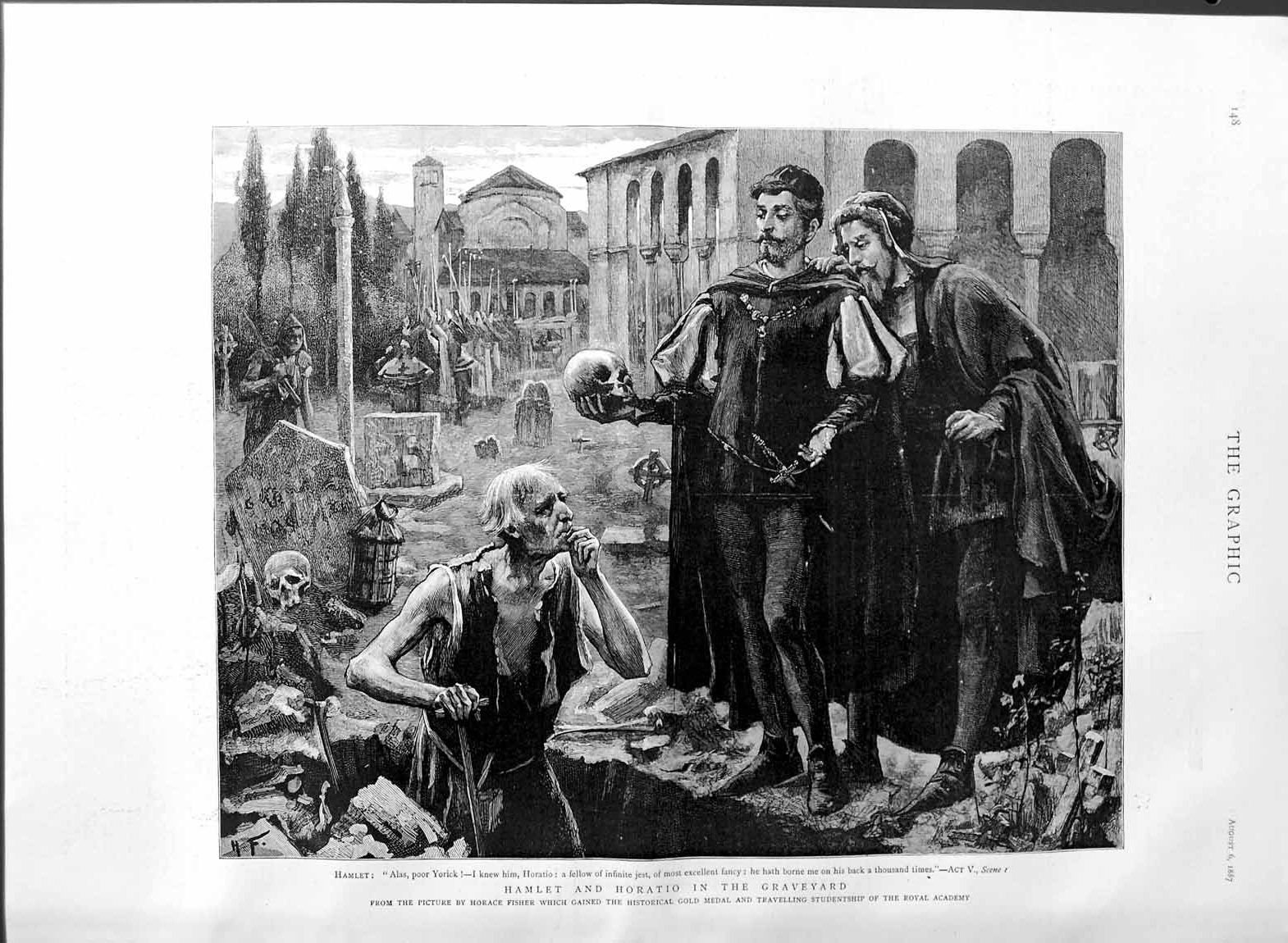 Original Old Antique Print 1887 Hamlet Horatio Graveyard Theatre Horace 19th