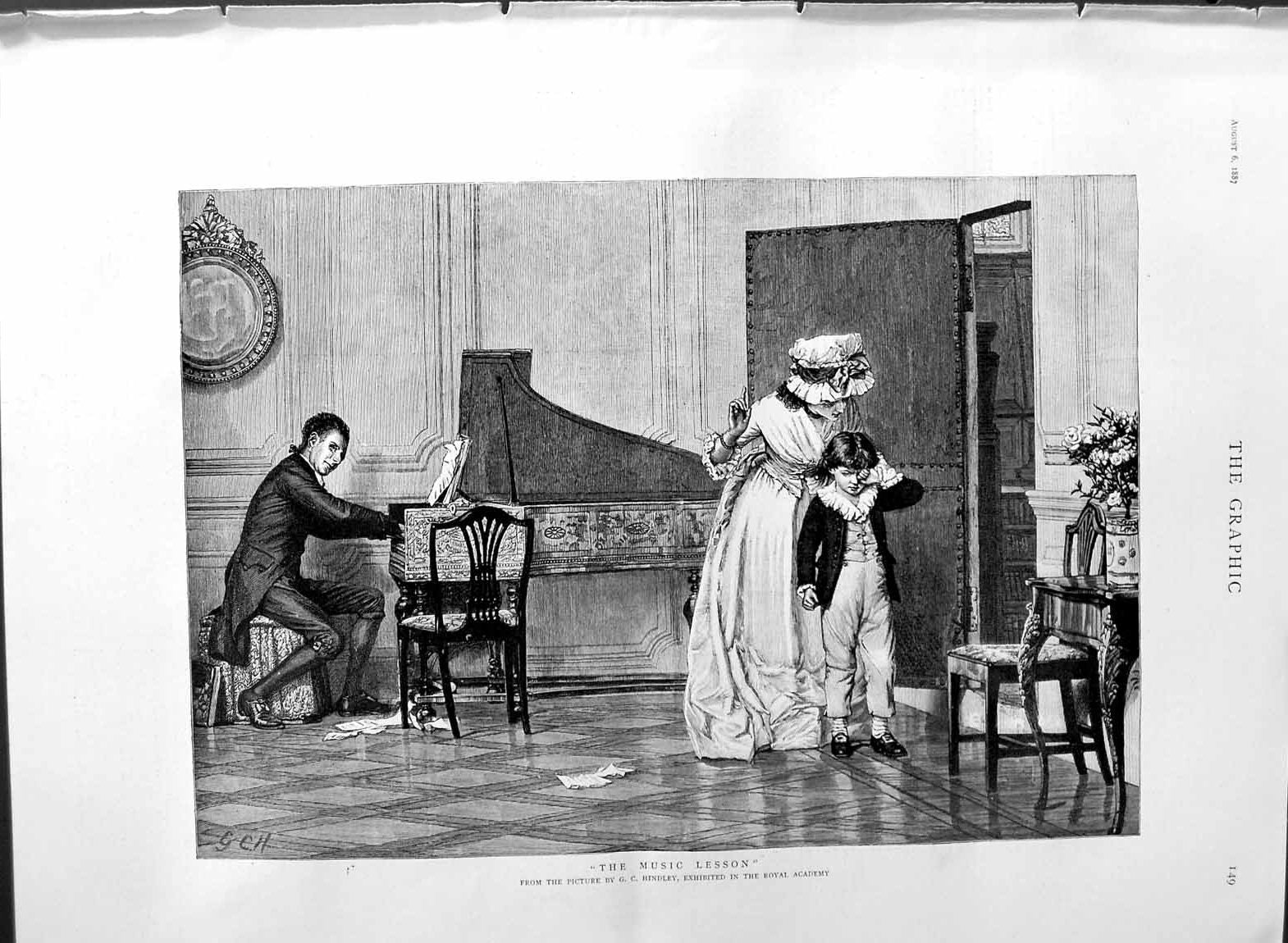 Original Old Antique Print 1887 Hindley Fine Art Music Lesson Piano Man Student