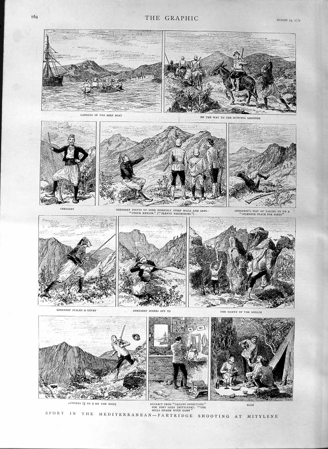 Original Old Antique Print 1887 Mediterranean Partridge Shooting Mitylene Sport