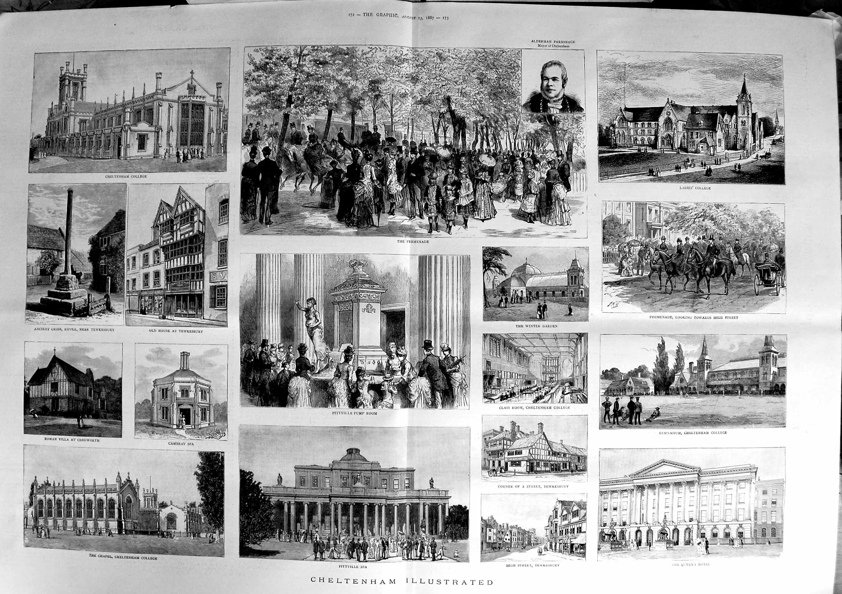 Original Old Antique Print 1887 Cheltenham Hotel Parsonage Tewkesbury Mont 19th