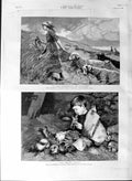 Old Antique Print 1887 Sandhills Jutland Girl Sheep Boy Magic Flute Art 19th