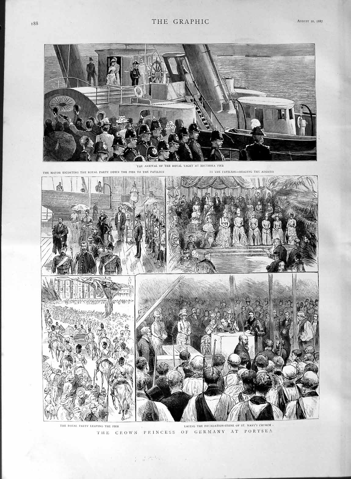 Original Old Antique Print 1887 Crown Princess Germany Portsea Souths Victorian