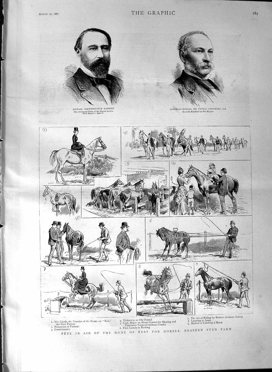 Original Old Antique Print 1887 Katkoff Longmore Fete Horses Neasden Stud Farm