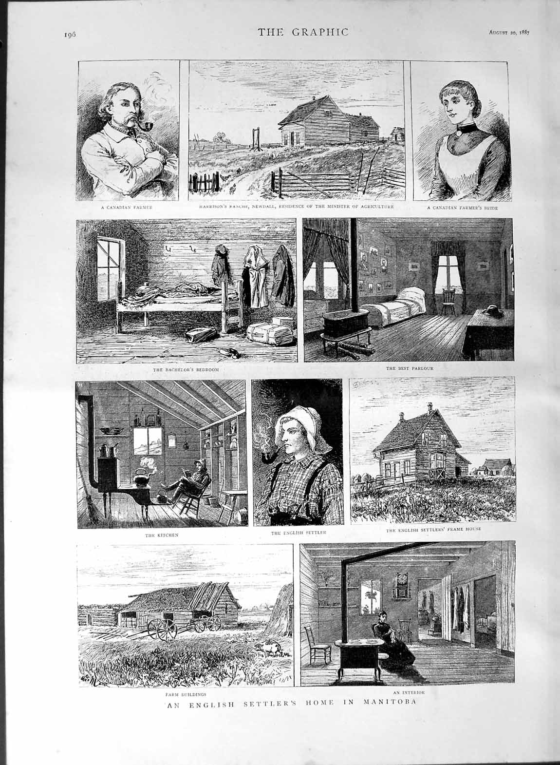 Old Antique Print 1887 English Settlers Home Manitoba Harrison'S Ranche 19th