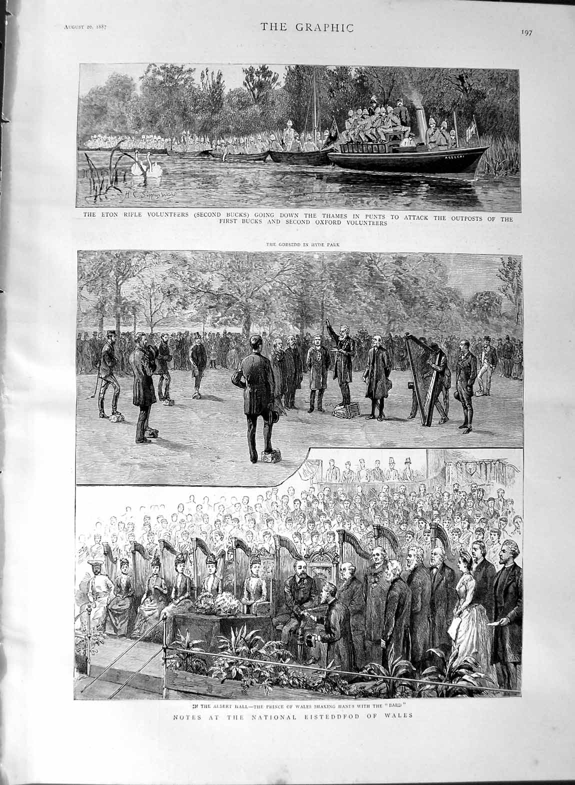 Original Old Antique Print 1887 Prince Wales Albert Eisteddfod Eton Volunteers