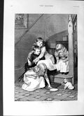 Original Old Antique Print 1887 Fine Art Children House Stairs Kitten Milk 19th