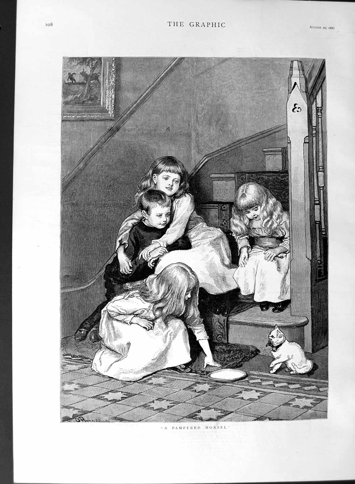 Original Old Antique Print 1887 Fine Art Children House Stairs Kitten Milk 19th