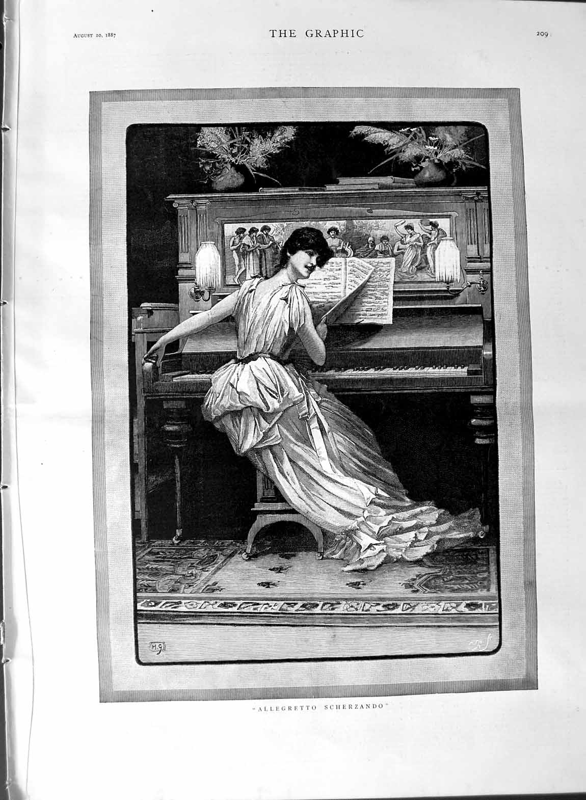 Original Old Antique Print 1887 Fine Art Allegretto Scherzando Lady Piano 19th