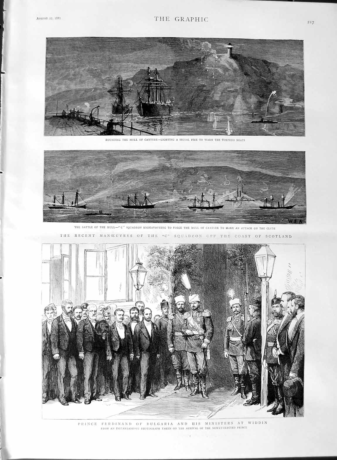 Original Old Antique Print 1887 Prince Ferdinand Bulgaria Scotland Ship Cantyre