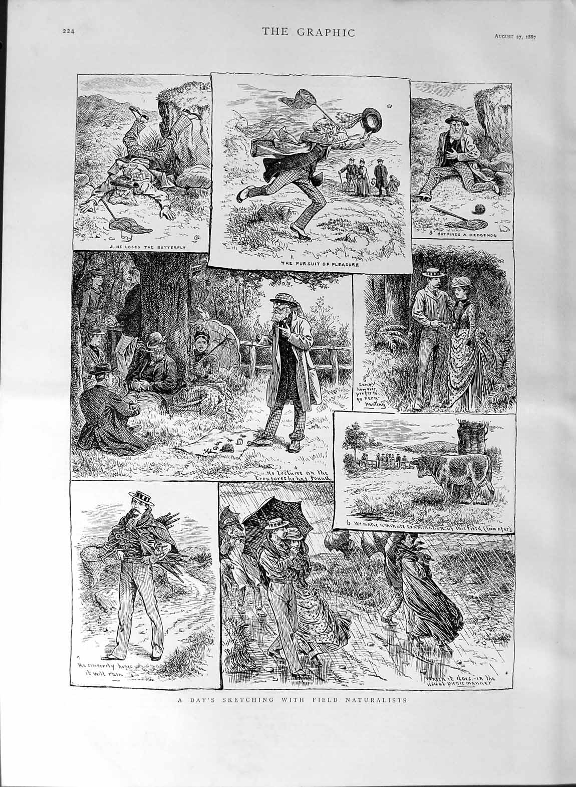 Old Antique Print 1887 Field Naturalists Wind Rain Umbrellas Countryside 19th
