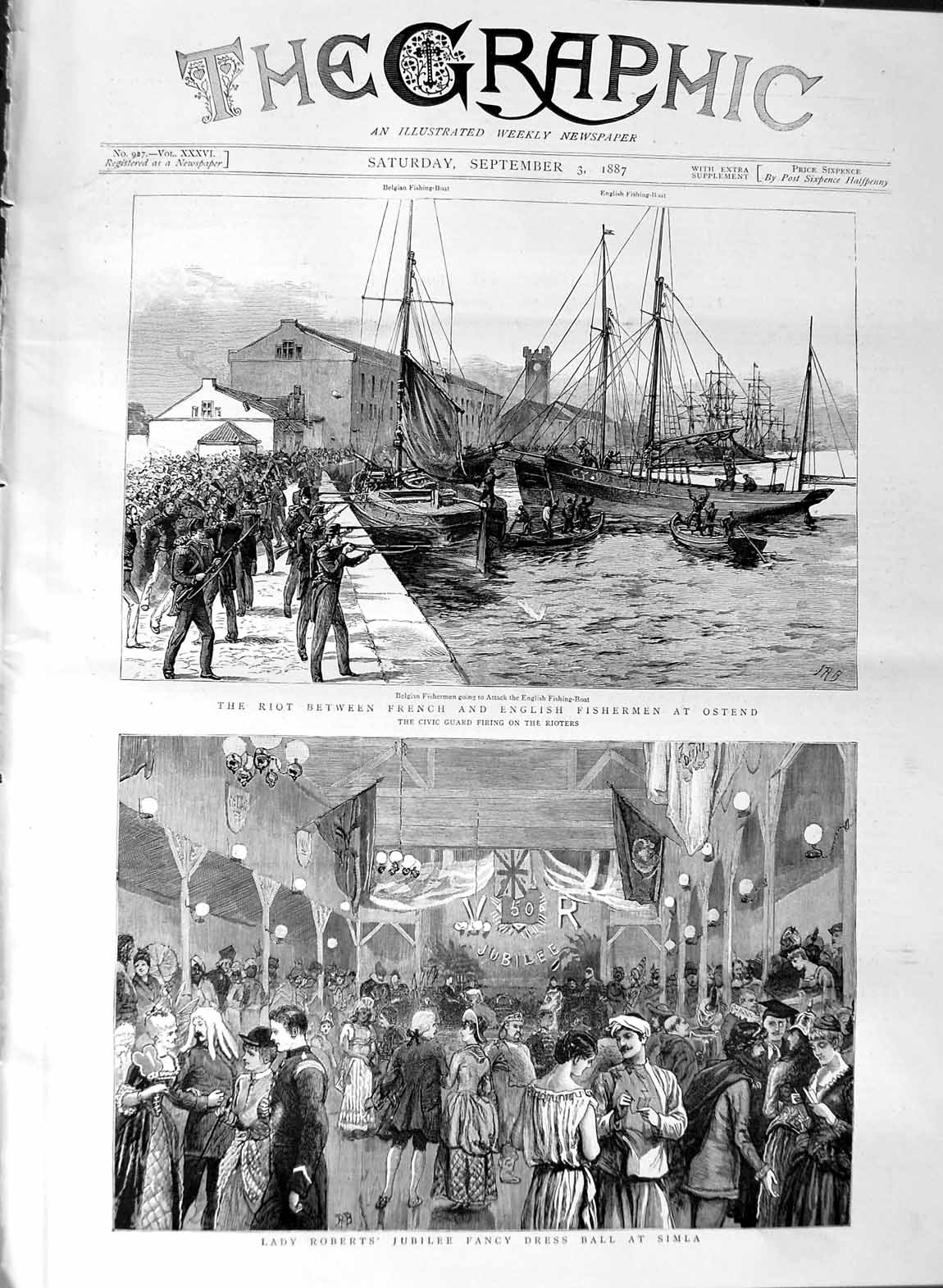 Original Old Antique Print 1887 Riot Fishermen Ostend Lady Roberts Ball Simla