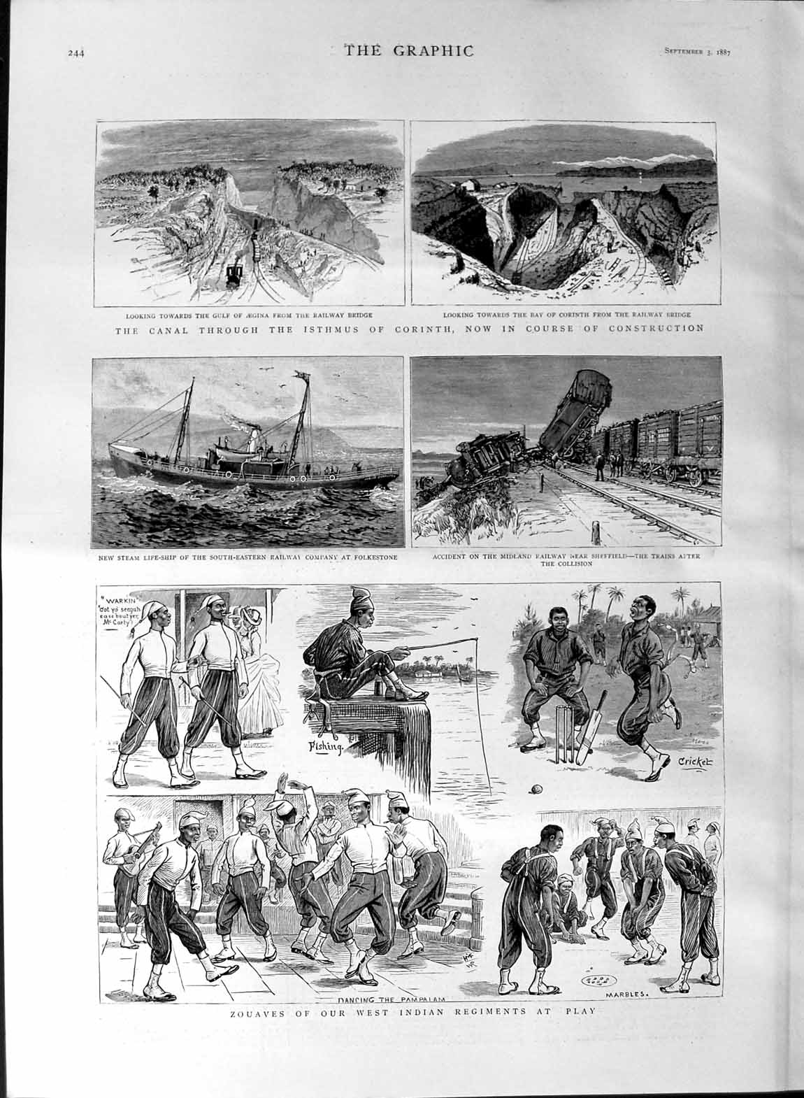 Original Old Antique Print 1887 Zouaves Indian Siers Isthmus Corinth Canal 19th
