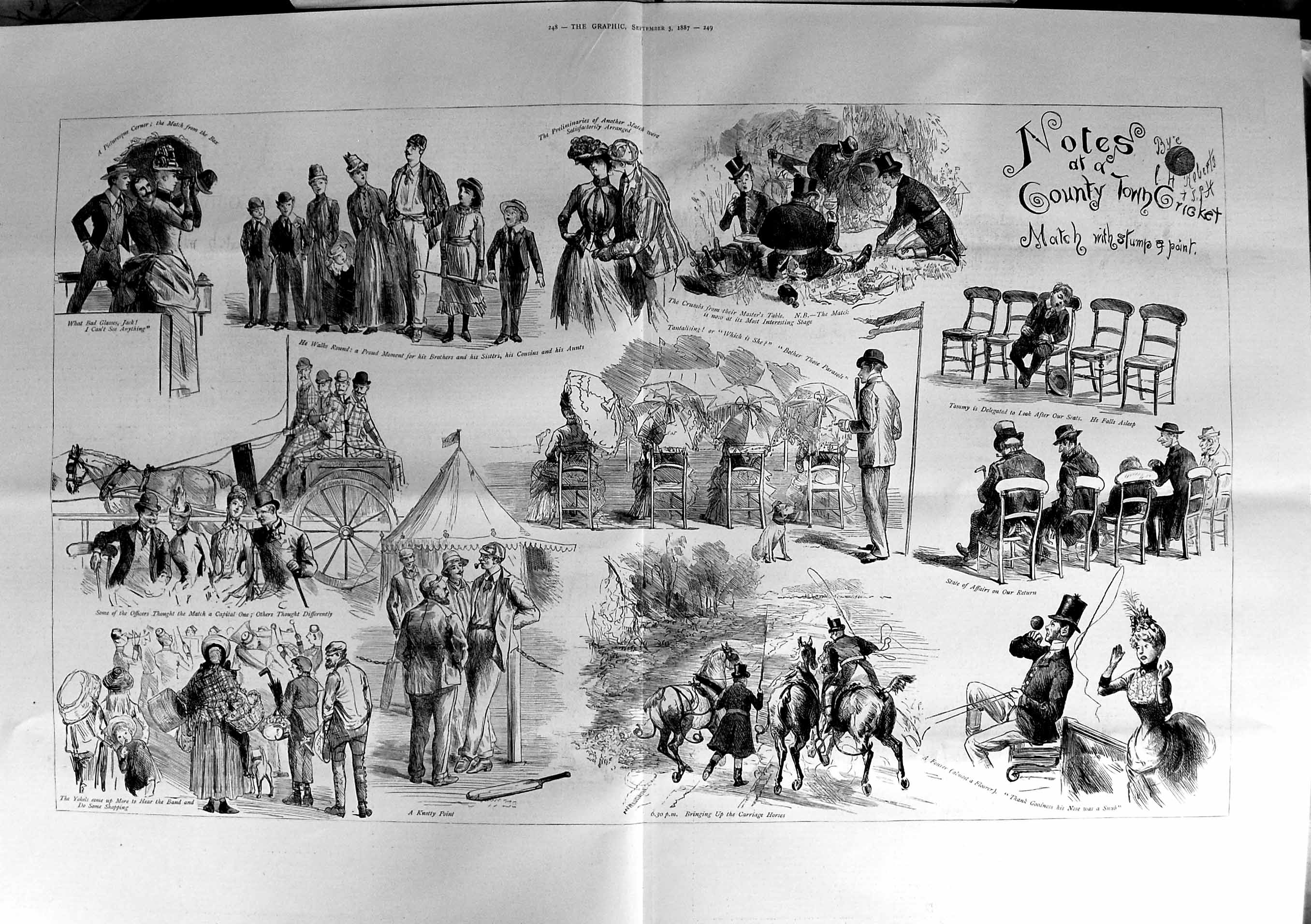 Original Old Antique Print 1887 Scenes County Town Cricket Match Sport 19th