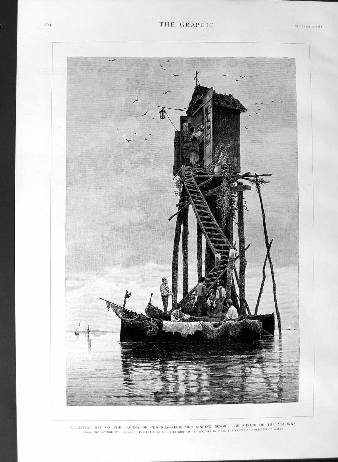 Old Antique Print 1887 Fishermen Shrine Madonna Laguna Chioggia Fine Art 19th