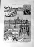 Original Old Antique Print 1887 Cremation Somdetch Chowja Parapaks Bangkok Pyre