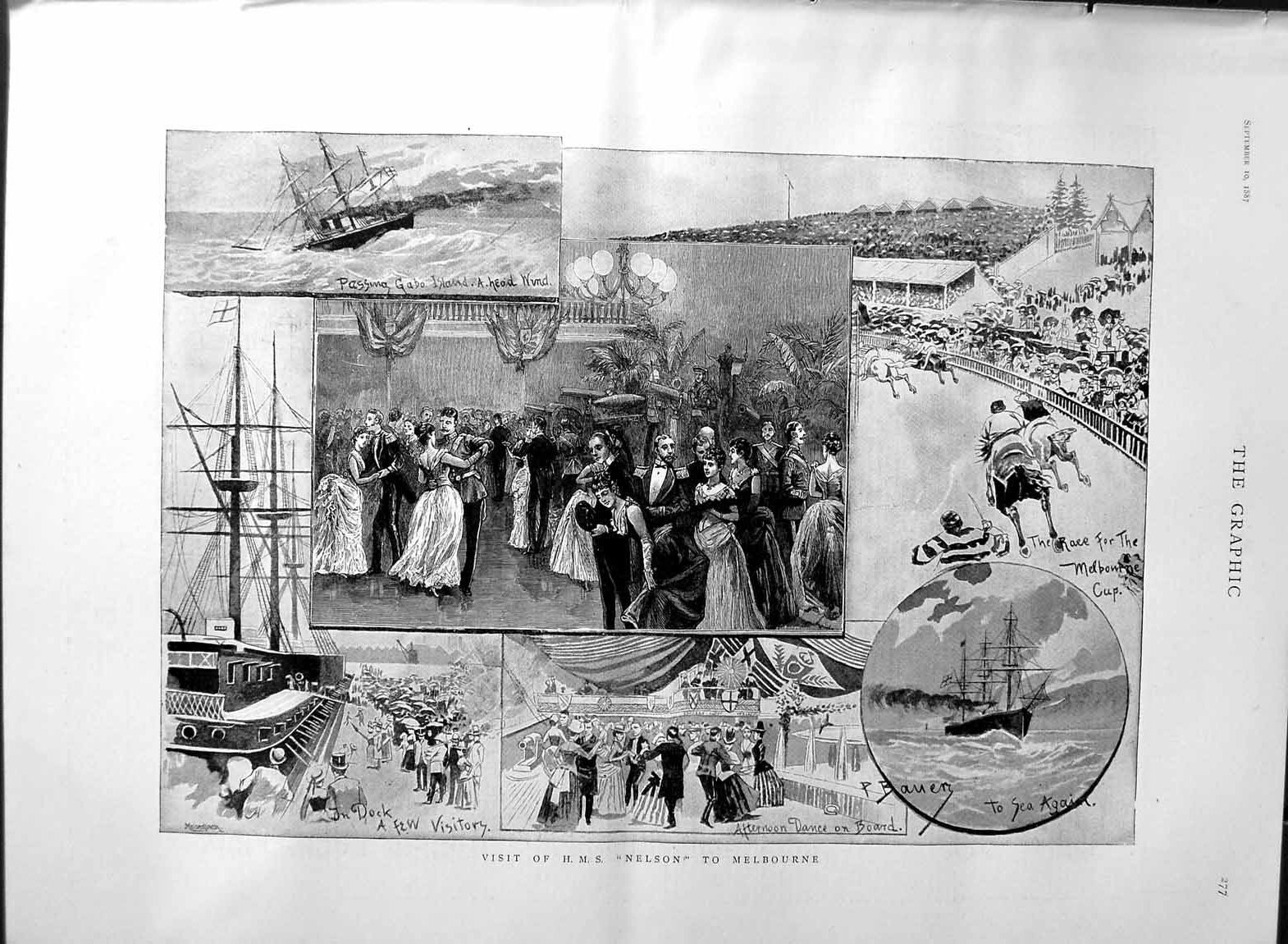 Old Antique Print 1887 Visit H.M.S Nelson Ship Melbourne Australia Dock 19th