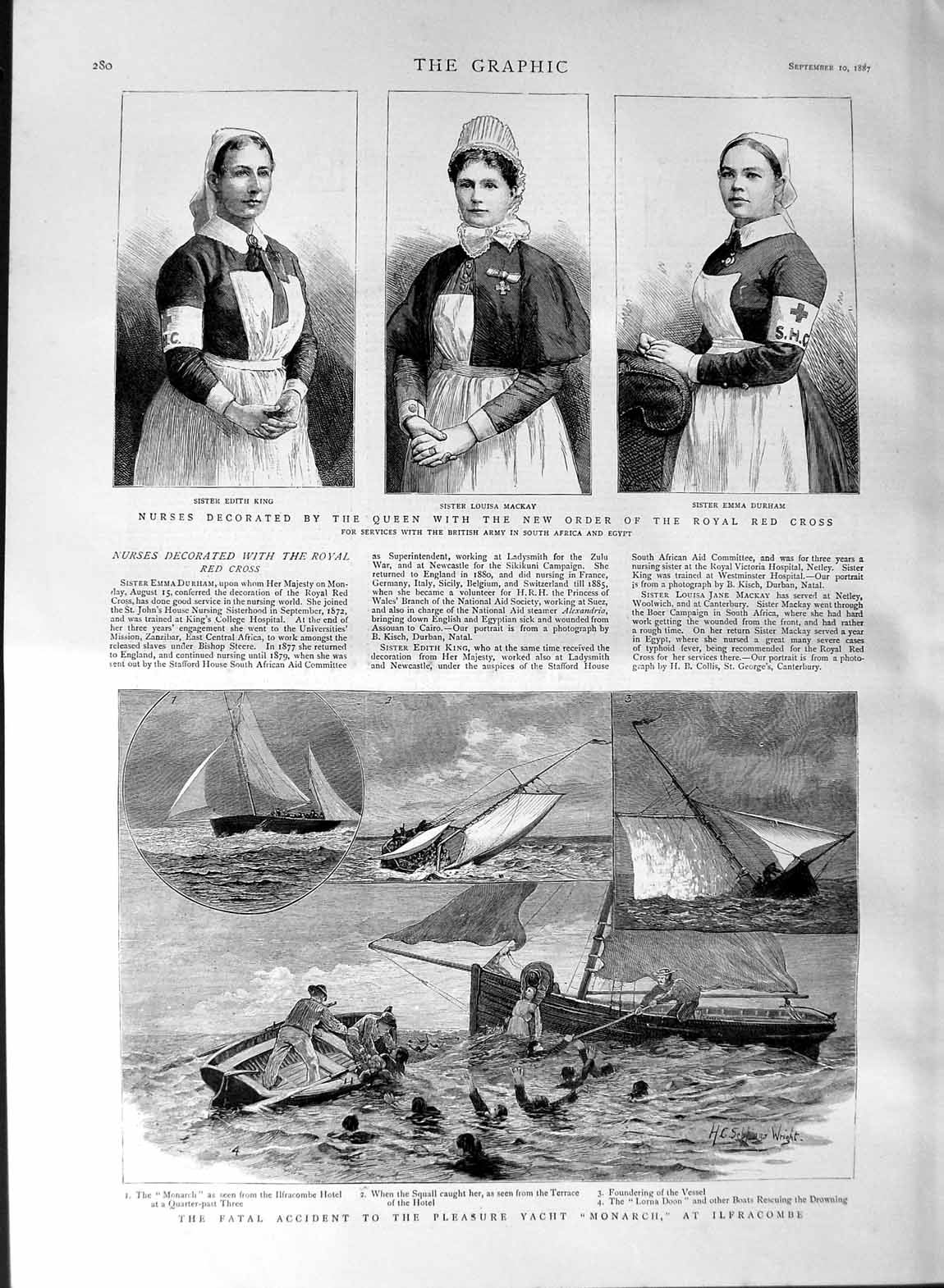 Old Antique Print 1887 Pleasure Yacht Monarch Ilfracombe Nurses Red Cross 19th