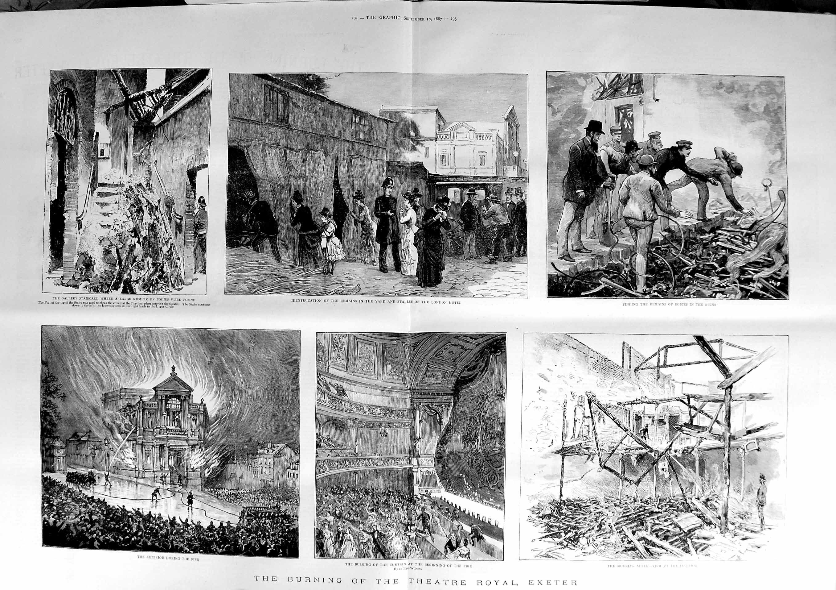 Original Old Antique Print 1887 Burning Theatre Royal Exeter Fire Ruins B 19th