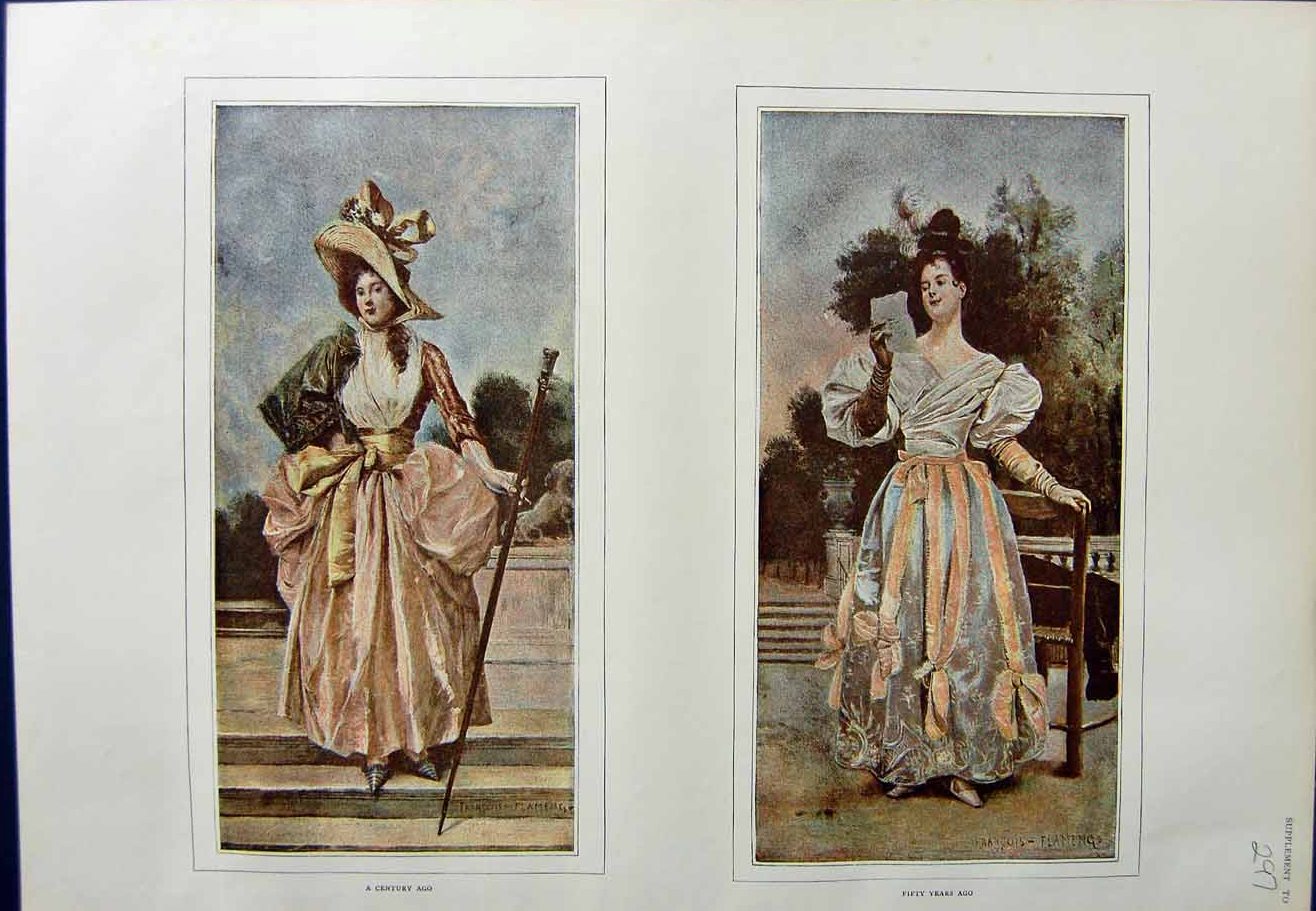 Original Old Antique Print 1887 Colour Beautiful Ladies Fashion Dresses 19th
