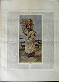 Original Old Antique Print 1887 Colour Beautiful Lady Woman Umbrella Sea 19th