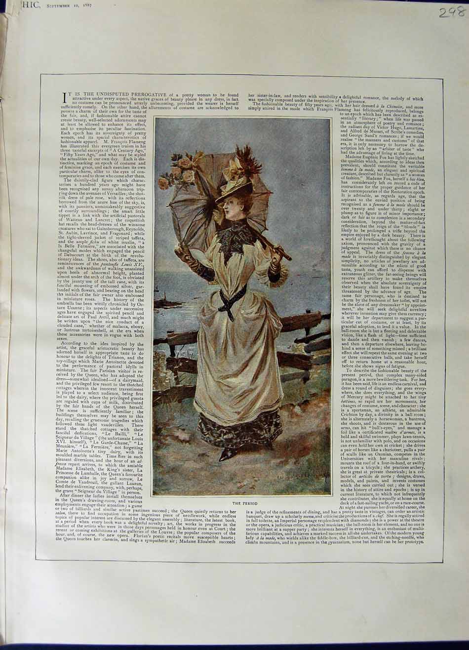Original Old Antique Print 1887 Colour Beautiful Lady Woman Umbrella Sea 19th