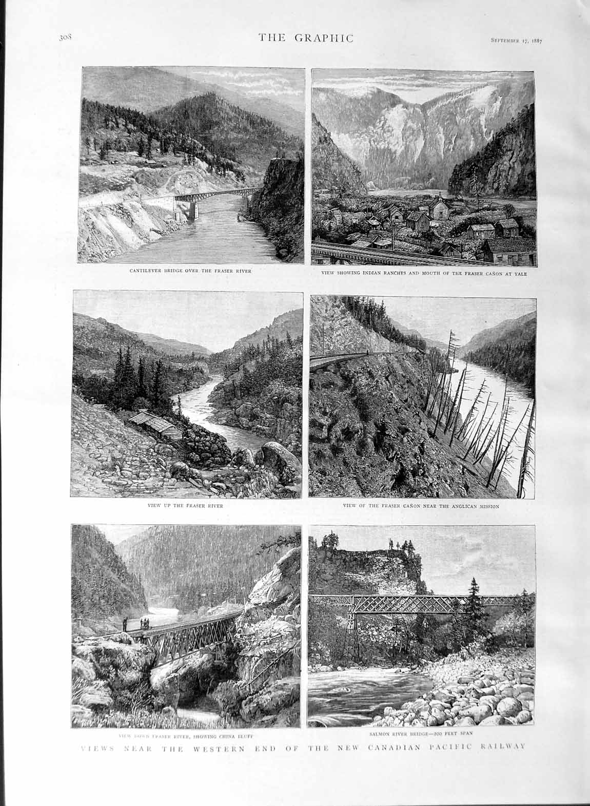 Original Old Antique Print 1887 Canada Pacific Railway Fraser River China Bluff