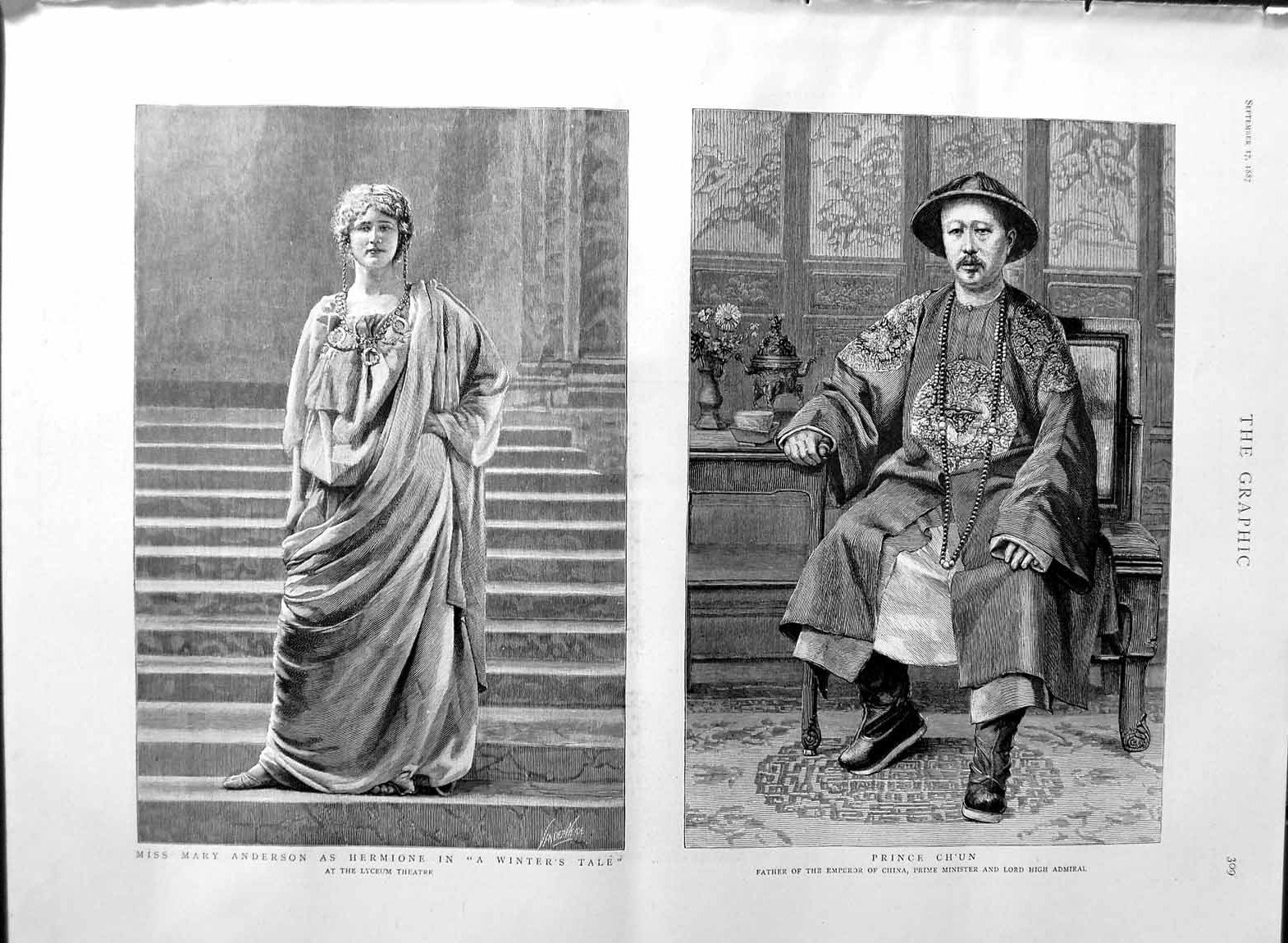 Old Antique Print 1887 Mary Anderson Hermione Lyceum Theatre Prince Ch'Un 19th