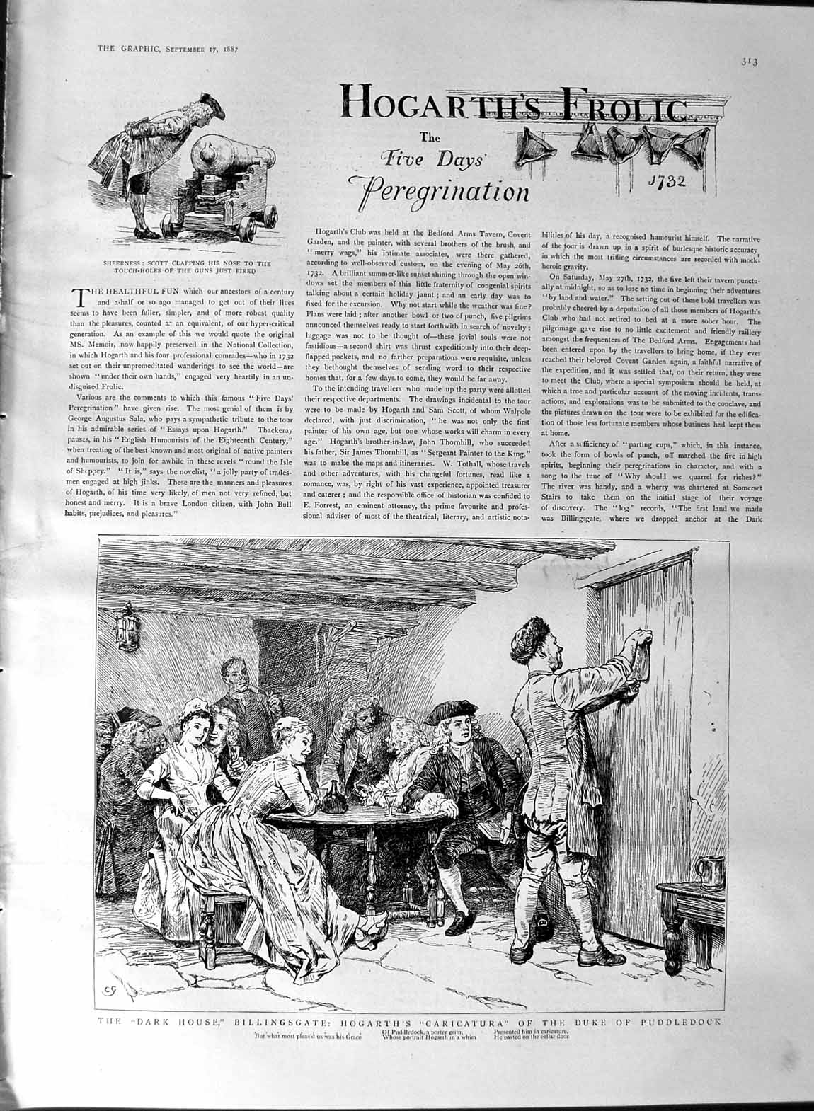 Original Old Antique Print 1887 House Billingsgate Hogarth Rochester Puddledock
