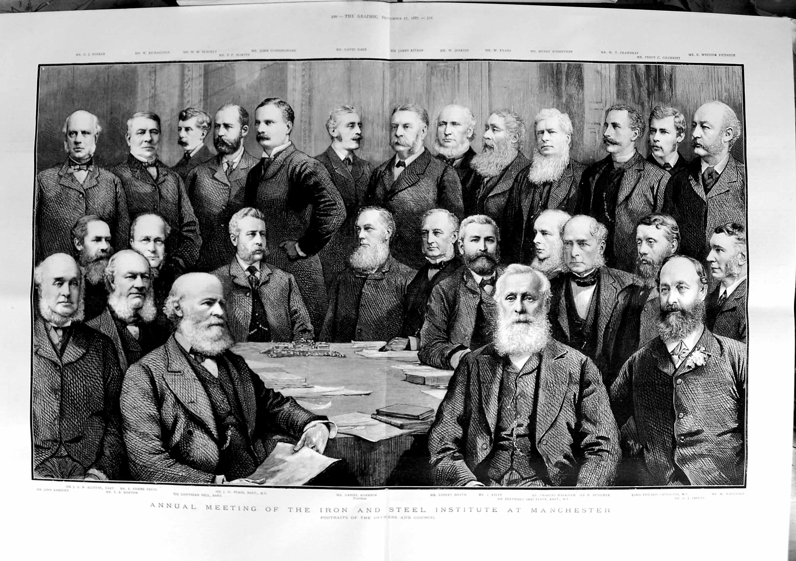Antique Old Print 1887 Men Iron Steel Manchester Adamson Heath Pease Bell 19th
