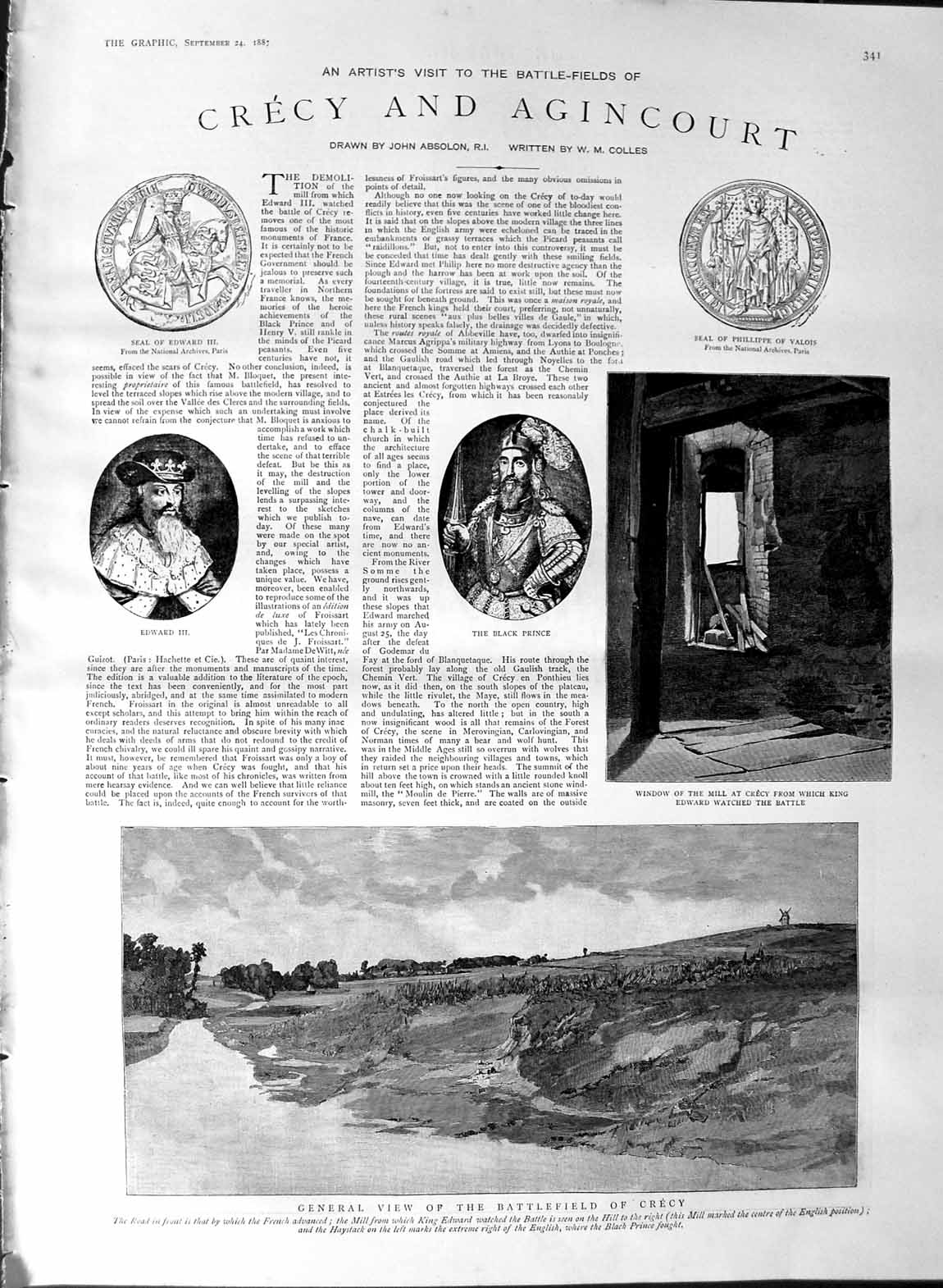 Original Old Antique Print 1887 Crecy Agincourt Battlefield Black Prince Cr 19th